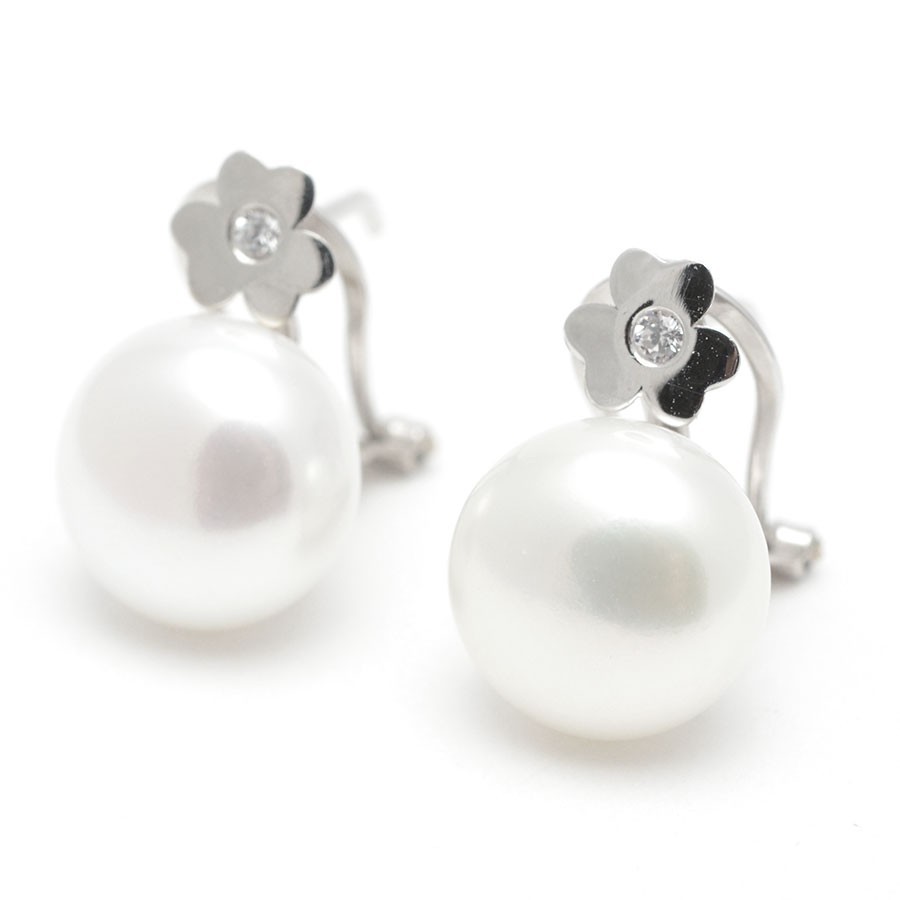 Pendientes Oro Blanco Perla Trébol Circonita