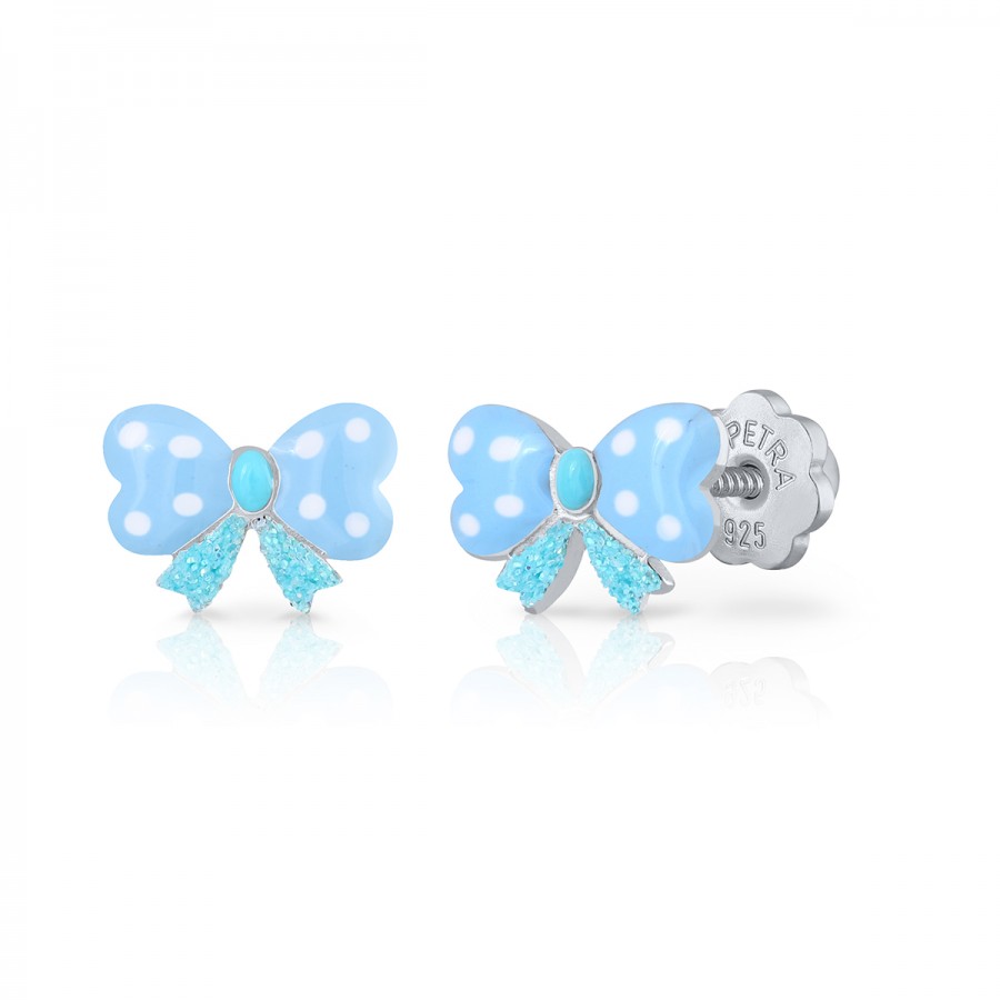 Pendientes Plata Bebé Niña Infantil Rosca Pajarita Azul