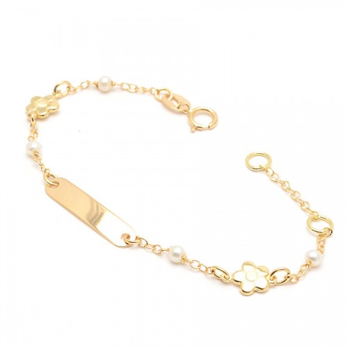 Pulsera Oro Placa Perlas Flores